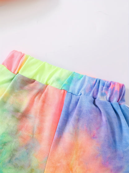 2pcs Toddler Girls Rainbow Tie Dye Tank Top & Elastic Waist Contrast Binding Track Shorts Set Kids Summer Clothes