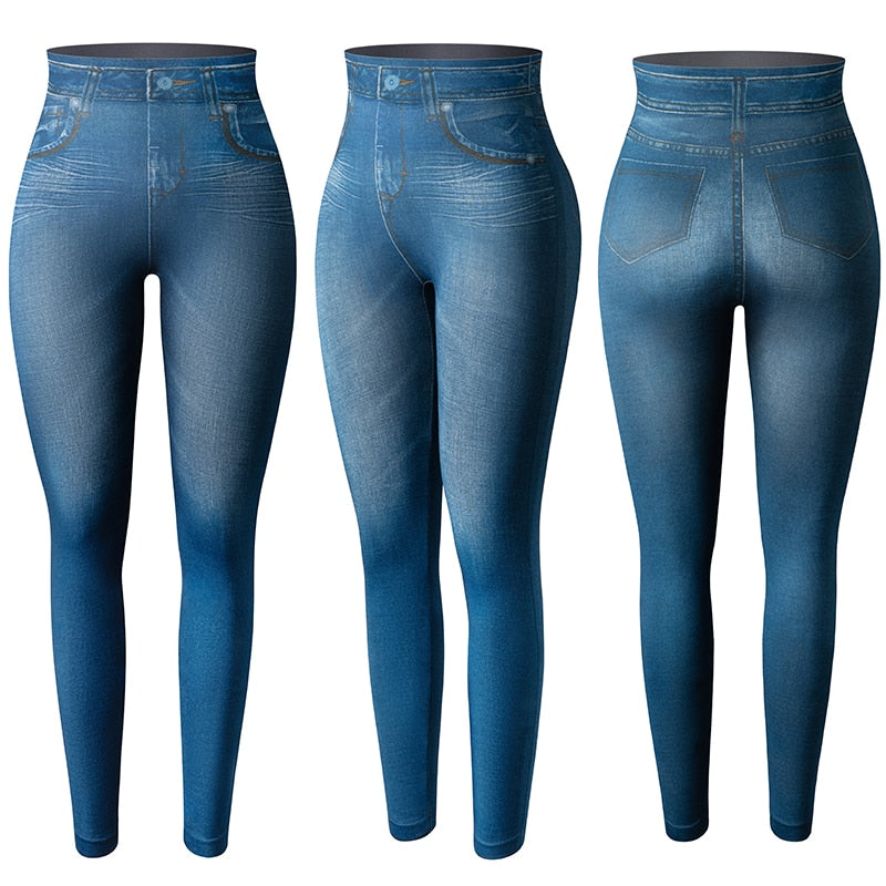 Women Jeggings - Faux Denim Jeans - Slim Leggings High Waisted