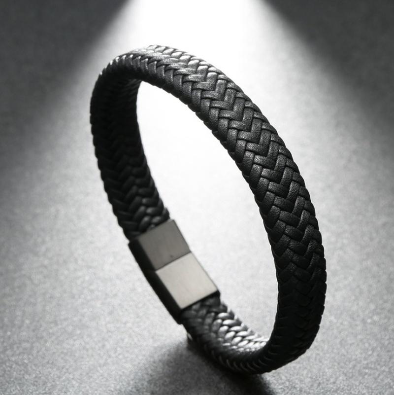 Simple Style Leather Bracelet - Black High Quality Metal