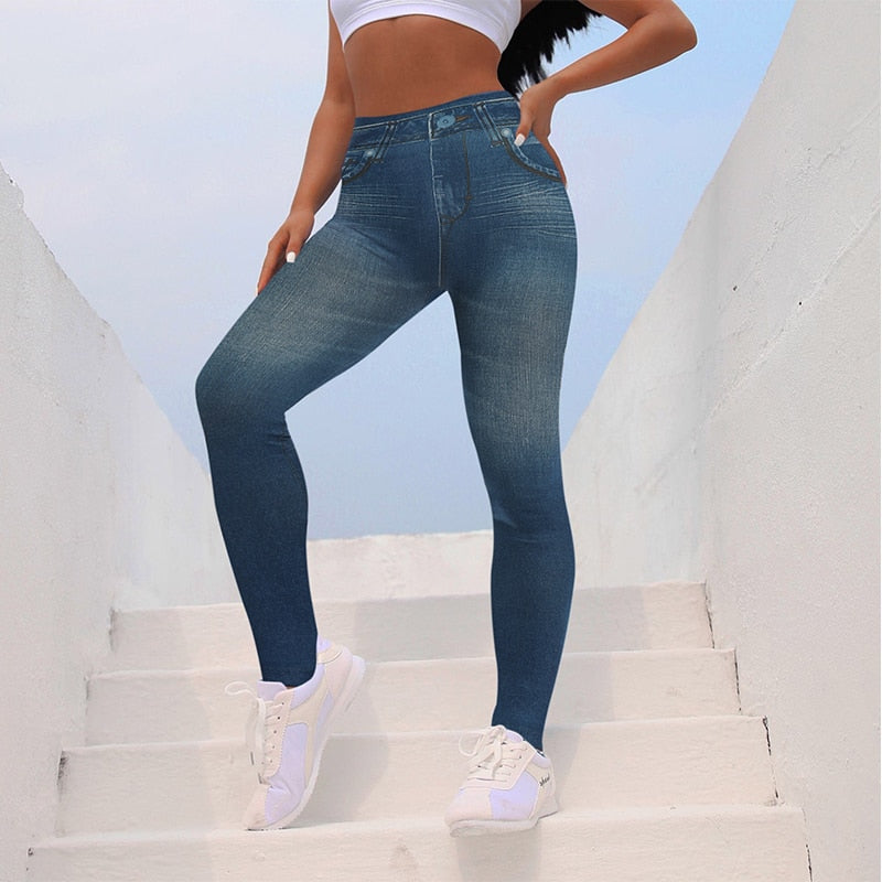 Women Jeggings - Faux Denim Jeans - Slim Leggings High Waisted