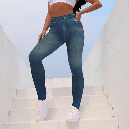 Women Jeggings - Faux Denim Jeans - Slim Leggings High Waisted