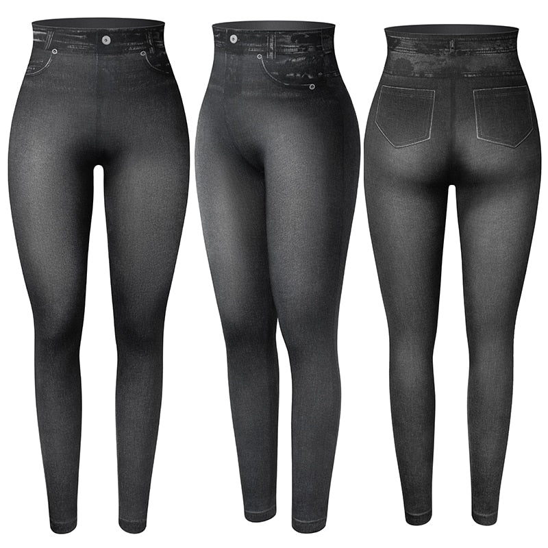 Women Jeggings - Faux Denim Jeans - Slim Leggings High Waisted