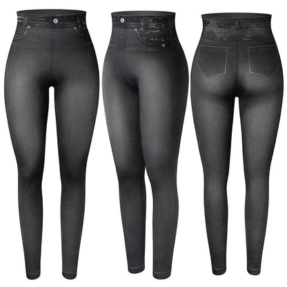 Women Jeggings - Faux Denim Jeans - Slim Leggings High Waisted