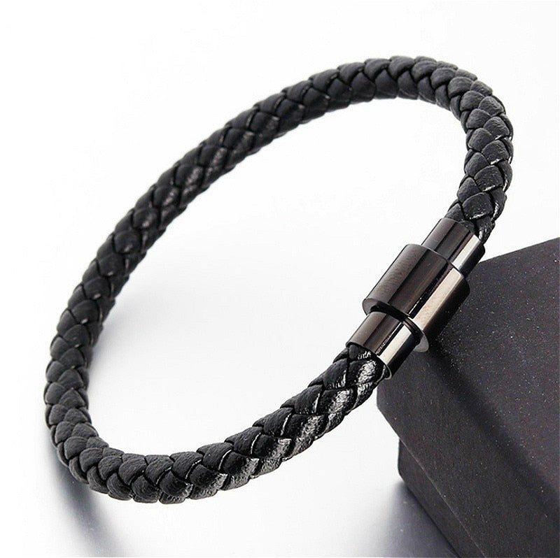 Simple Style Leather Bracelet - Black High Quality Metal