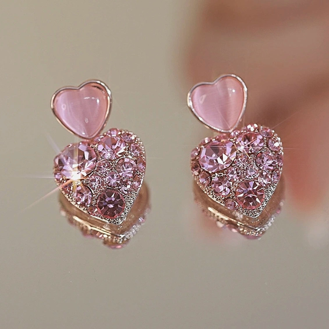 Women's Pink Silver Needle Heart Shaped Earrings - Valentine's Day