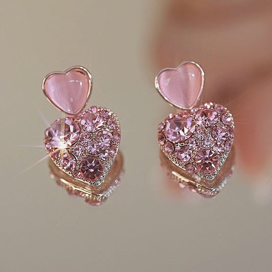 Women's Pink Silver Needle Heart Shaped Earrings - Valentine's Day