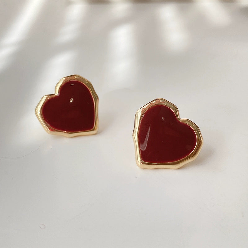 Luxury Red Heart-Shaped Women's Sterling Silver Temperamental Earrings - Valentine's Day