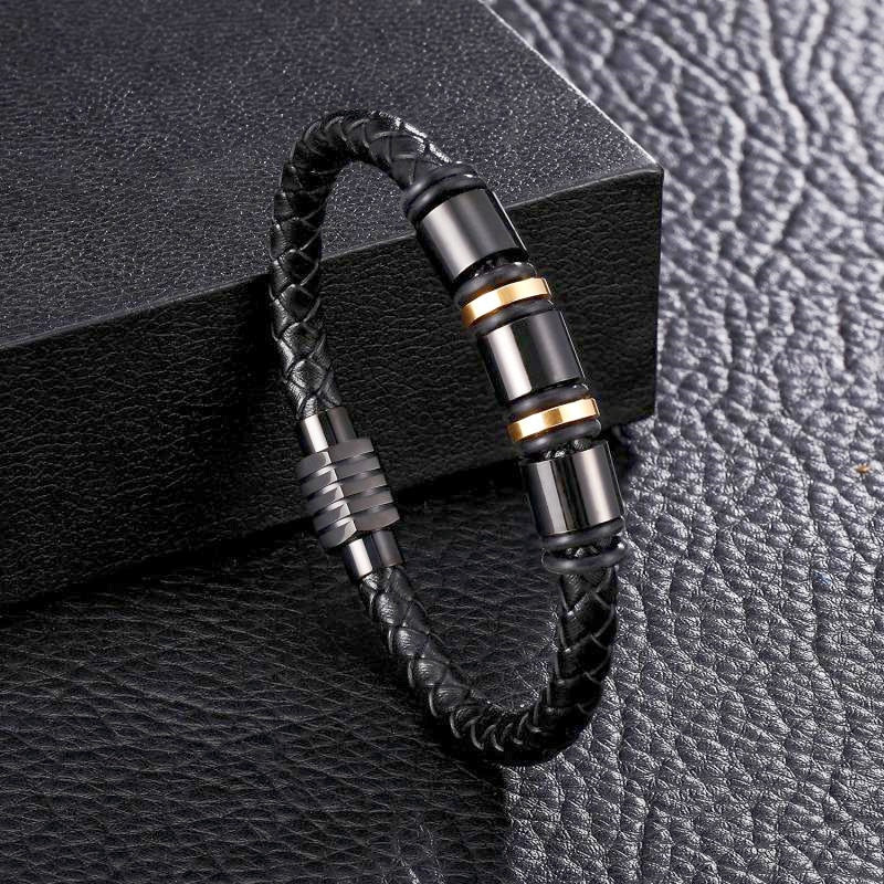 Simple Style Leather Bracelet - Black High Quality Metal