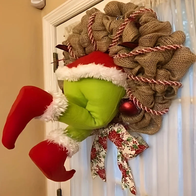 17.72inch Grinch Christmas Thief Wreath, Christmas Elf Leg Wreath, Christmas Burlap Wreath - Christmas Decorations