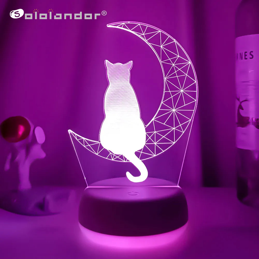 3D Acrylic LED Night Light - Moon Cat