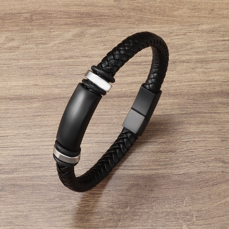 Simple Style Leather Bracelet - Black High Quality Metal