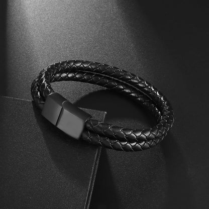 Simple Style Leather Bracelet - Black High Quality Metal