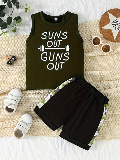 2pcs Letter Graphic Print Boys Creative Sleeveless Tank Tops&Shorts Set, Casual Crew Neck Fitness Vest&Shorts, Kids Clothing