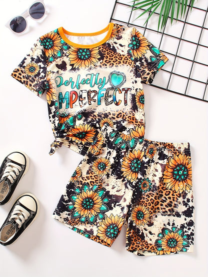 Girls 2pcs T-shirt & Elastic Waist Shorts PERFECTLY IMPERFECT Sunflower Print Crew Neck Short Sleeve Tee Top Casual Kids Clothes Summer