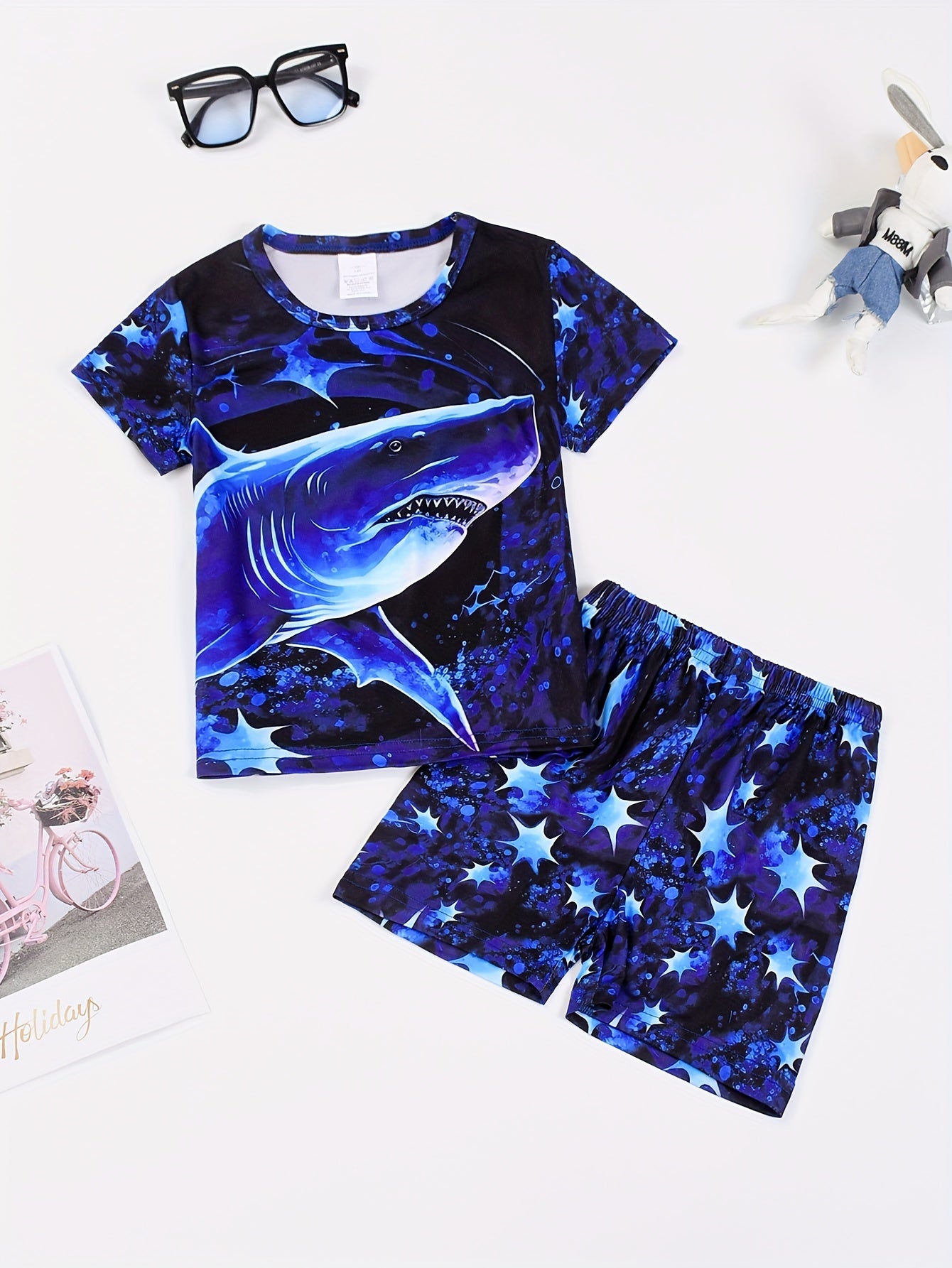 2 Pcs Boys Cute Pajama Sets, 3D Digital Shark Print Short Sleeve T-Shirts & Shorts, Comfortable & Skin-friendly Style Pajamas For Boys Cozy Loungewear