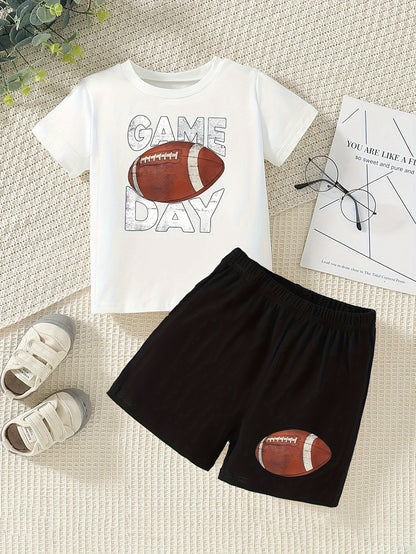 2pcs Cute Football GAME DAY Print Casual Short Sleeve T-shirt & Shorts Set For Boys & Baby Boys, Cool Comfortable Trendy Versatile Toddlers Boys Summer Outfits Clothes