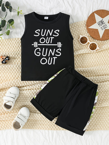 2pcs Letter Graphic Print Boys Creative Sleeveless Tank Tops&Shorts Set, Casual Crew Neck Fitness Vest&Shorts, Kids Clothing