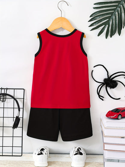 2pcs Boys Spider Web Print Comfortable Versatile Sleeveless Tank Top & Shorts Set, Cool, Lightweight And Comfy Summer Clothes