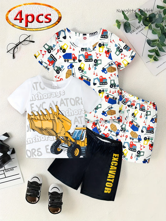 4 Pcs Boys Cute Pajama Sets, Cartoon Car, Excavator Print Short Sleeve T-Shirts & Shorts, Comfortable & Cute Style Pajamas For Boys Cozy Loungewear