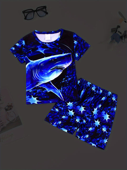 2 Pcs Boys Cute Pajama Sets, 3D Digital Shark Print Short Sleeve T-Shirts & Shorts, Comfortable & Skin-friendly Style Pajamas For Boys Cozy Loungewear