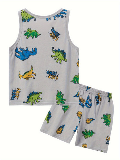 2pcs Dinosaur Full Graphic Print Boys Creative Sleeveless Tank Tops&Shorts Set, Casual Vest&Shorts, Boys Clothing