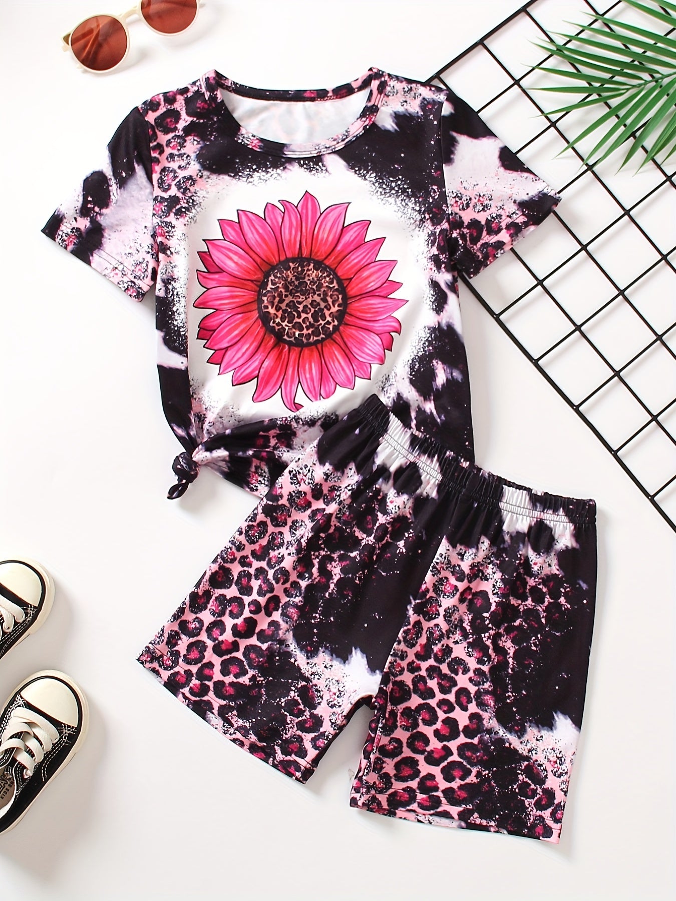 Girls 2pcs T-shirt & Elastic Waist Shorts PERFECTLY IMPERFECT Sunflower Print Crew Neck Short Sleeve Tee Top Casual Kids Clothes Summer