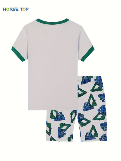 2pcs Boys Summer Thin Loungewear Set – Cartoon Digger Pattern Print Short Sleeve Crew Neck Top & Short Comfy PJ Set, Kids' Cozy Sleepwear