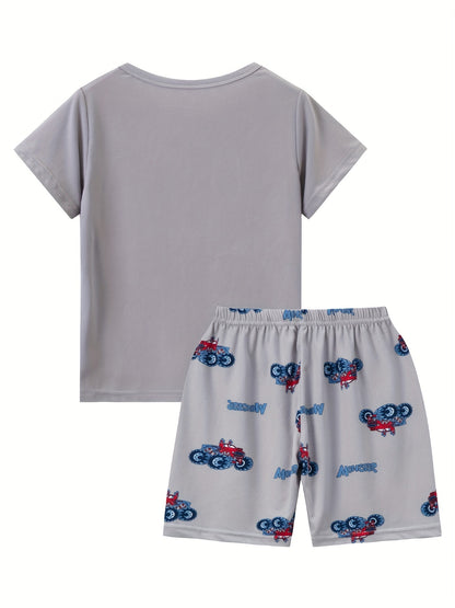 2 Pcs Boys Cute Pajama Sets, Allover Off-road Vehicle Print Short Sleeve T-Shirts & Shorts, Comfortable & Cute Style Pajamas For Boys Cozy Loungewear