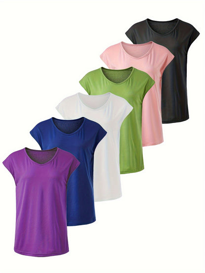 6pcs Solid Casual Sports Women's Short Sleeve Crew Neck T-shirts Set, Summer Outdoor Activewear