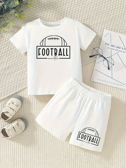 2pcs Cute FOOTBALL Print Casual Short Sleeve T-shirt & Shorts Set For Boys & Baby Boys, Cool Comfortable Trendy Versatile Toddlers Boys Summer Outfits Clothes