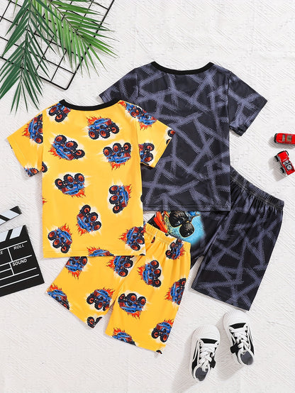 2 Pcs Boys Cute Pajama Sets, Cartoon Car Pattern Short T-Shirts & Shorts, Comfortable & Cute Style Pajamas For Boys Cozy Loungewear