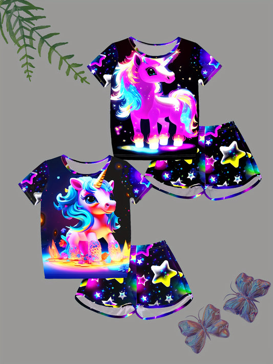 Spring and summer girls short-sleeved suit, fluorescent style, cute unicorn pattern combo suit, cute and sweet loungewear suit