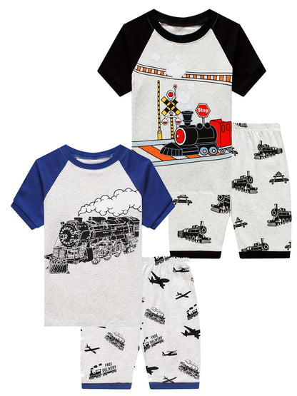 2 Sets Short Sleeve T-shirts + Shorts Pajamas, Spring/Summer Comfort Fit Sleepwear, Casual Style Steam Train Graphics Crew Neck Tops With Matching Shorts Suits