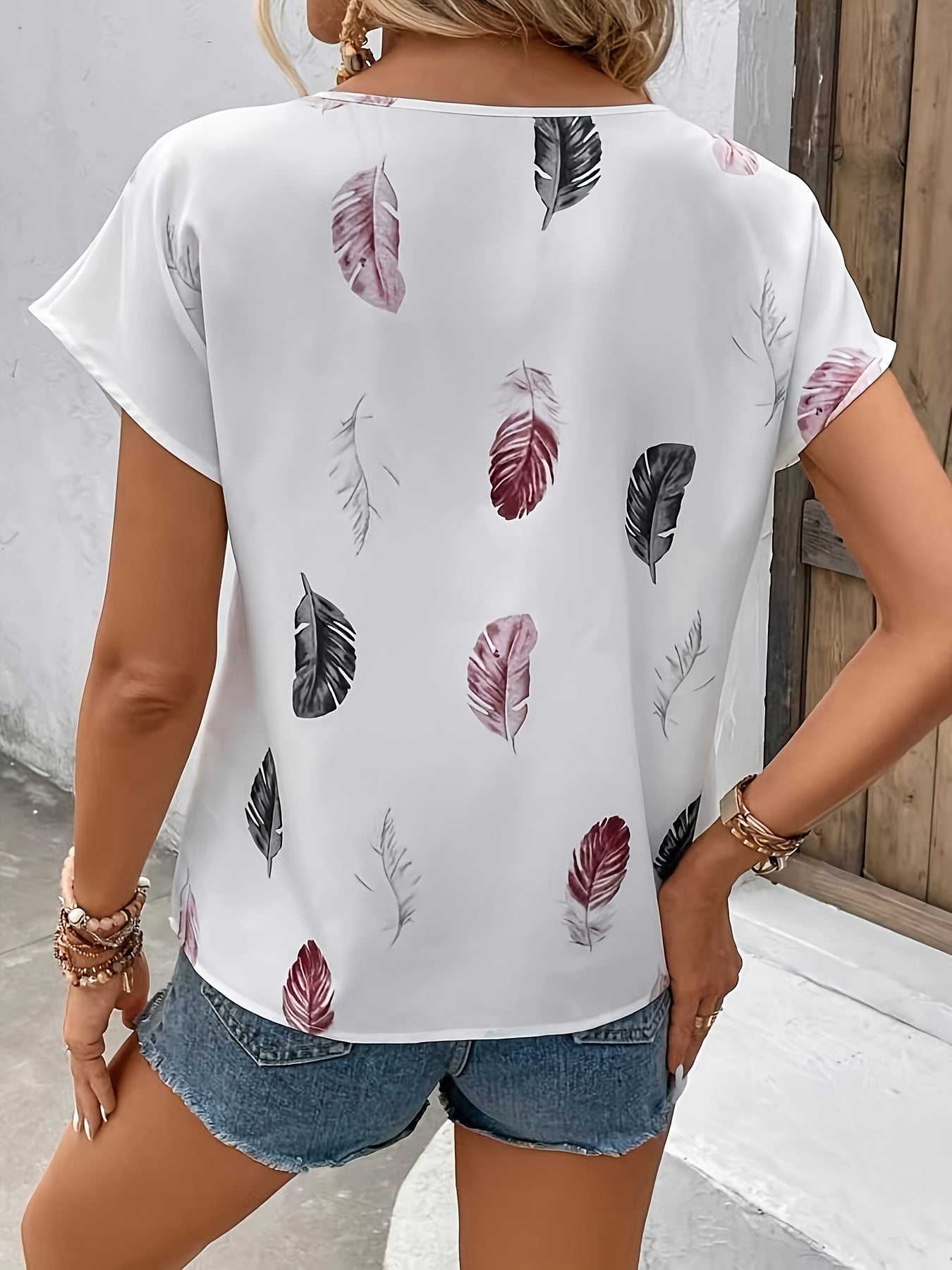 Feather Print Keyhole Blouse, Casual Crew Neck Short Sleeve Blouse For Spring & Summer, Women's Clothing