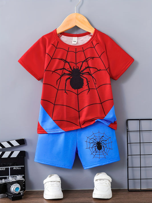 Boys Casual 2-Piece Outfit Set, Short Sleeve Spider Print Tee With Shorts, Cool, Lightweight And Comfy Summer Clothes