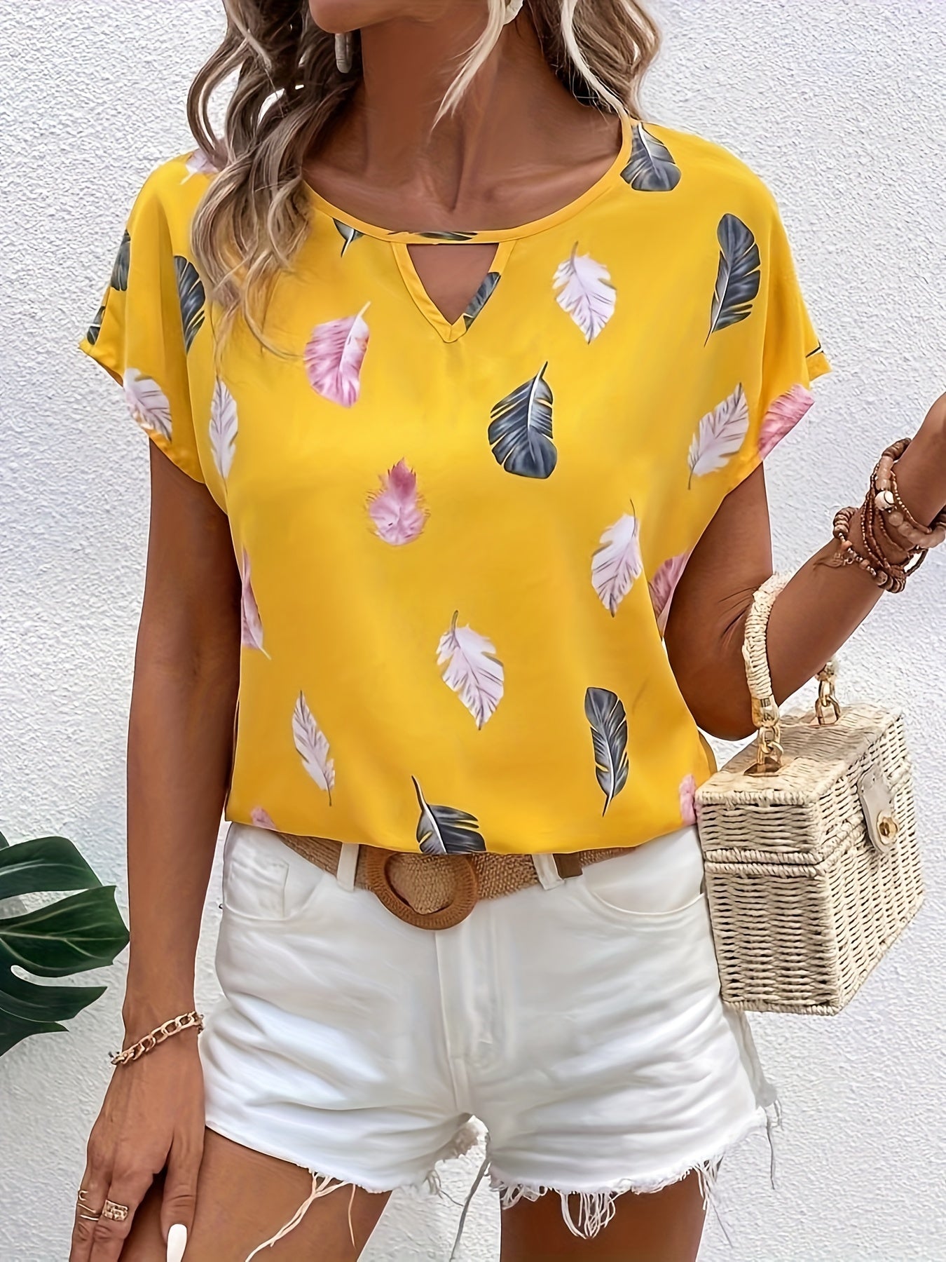 Feather Print Keyhole Blouse, Casual Crew Neck Short Sleeve Blouse For Spring & Summer, Women's Clothing