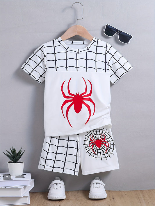 2pcs Boys Casual Plaid Stitching And Spider Graphic Print Short Sleeve T-shirt & Shorts Set, Comfy Summer Kids Clothes