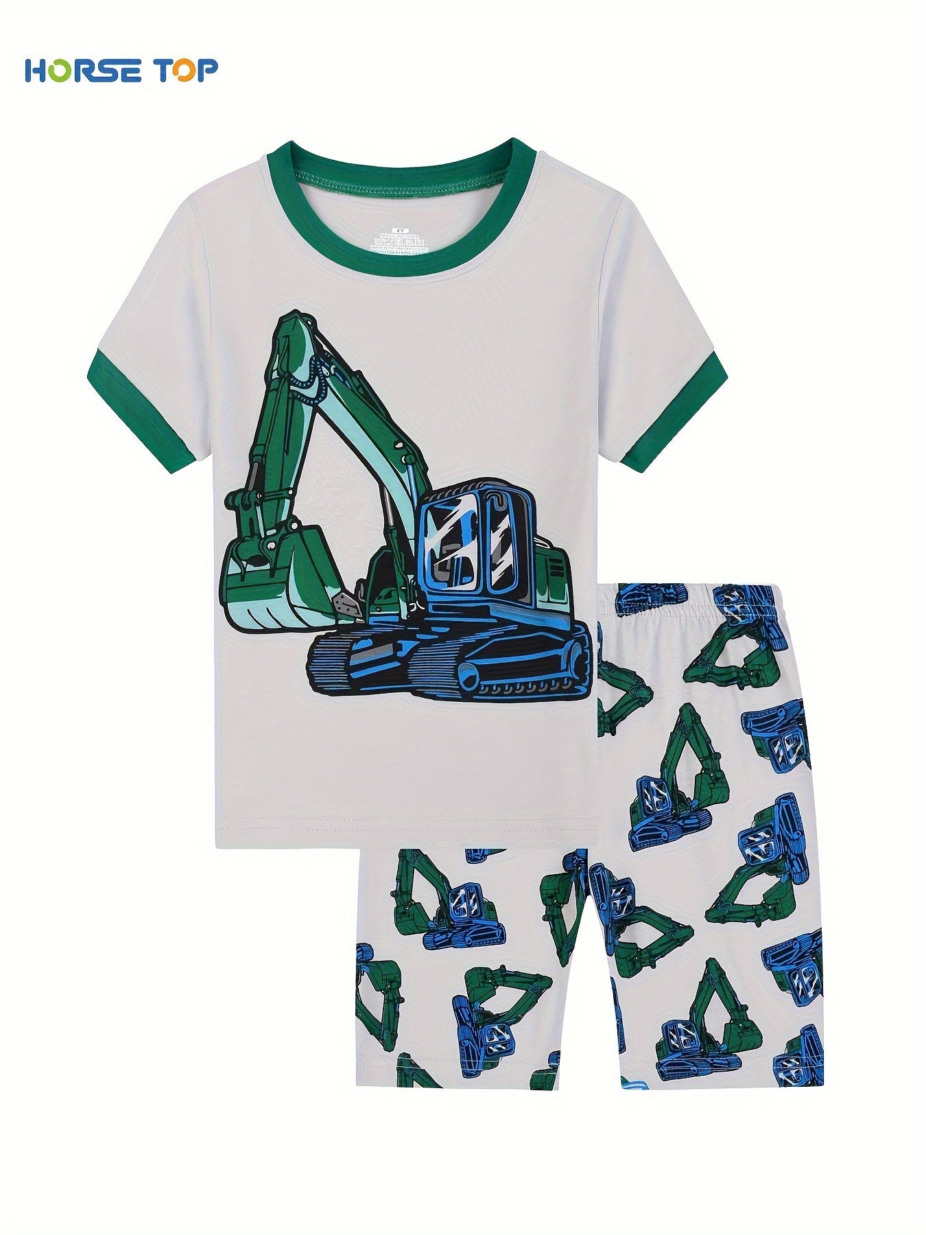 2pcs Boys Summer Thin Loungewear Set – Cartoon Digger Pattern Print Short Sleeve Crew Neck Top & Short Comfy PJ Set, Kids' Cozy Sleepwear