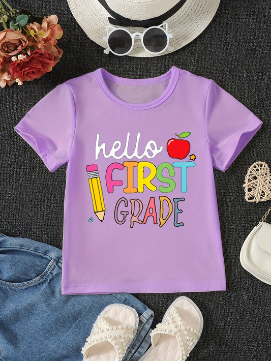 Girl's Apple Print Crew Neck T-shirt Short Sleeve Tee For Summer Outdoor Gift