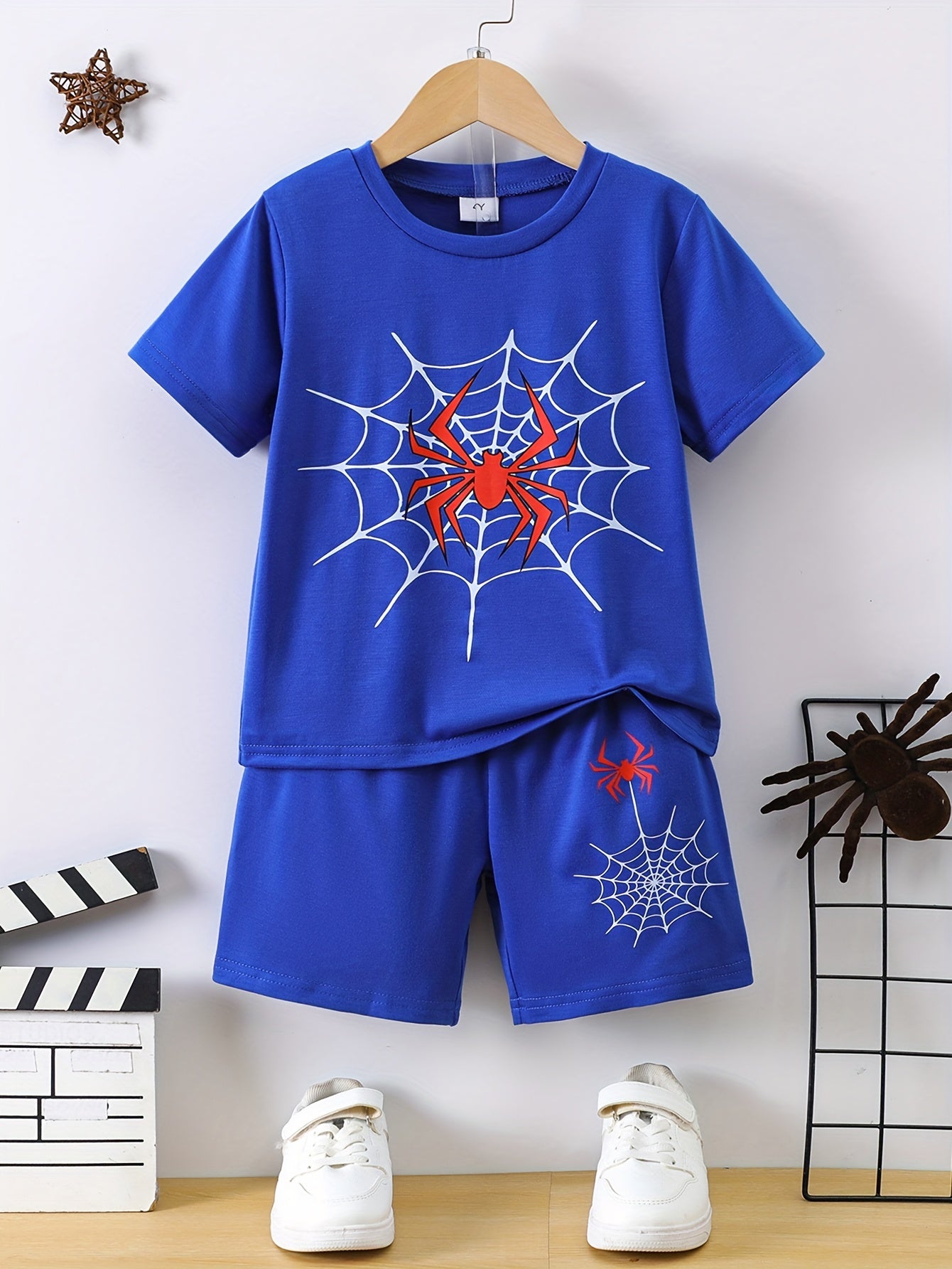 2pcs Boys Casual Spider Graphic Print Short Sleeve T-shirt & Shorts Set, Comfy Summer Boys Clothes