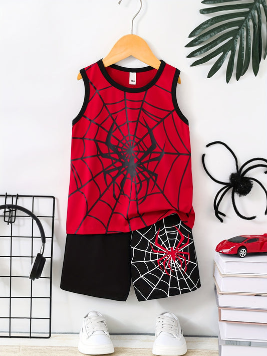 2pcs Boys Spider Web Print Comfortable Versatile Sleeveless Tank Top & Shorts Set, Cool, Lightweight And Comfy Summer Clothes