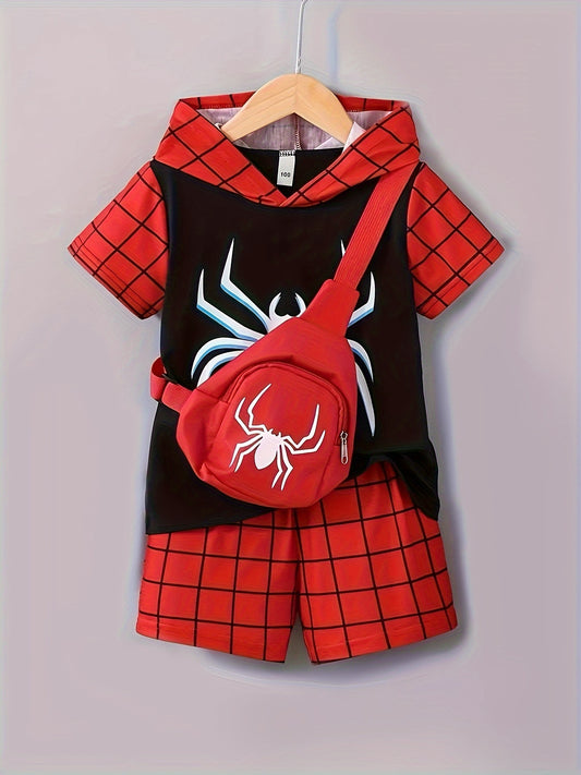 Boys' Short Sleeve Hooded Tee & Shorts & Bag Set Patchwork Colorblocking Cool Spider Pattern Hooded Outfit Set