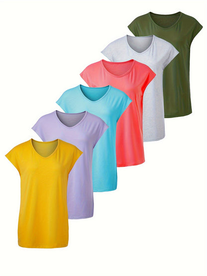 6pcs Solid Casual Sports Women's Short Sleeve Crew Neck T-shirts Set, Summer Outdoor Activewear