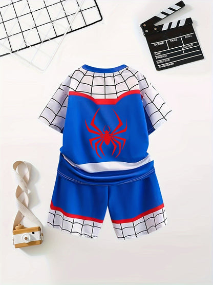 2pcs Boys Casual Cool Spider Print Comfortable Versatile Short Sleeve T-shirt & Shorts Set, Cool, Lightweight And Comfy Summer Clothes!