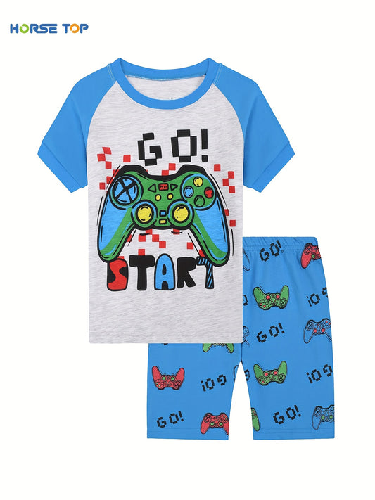 2pcs Boys Summer Loungewear Set – Cartoon Game Console Pattern Print Color Block Short Sleeve Crew Neck Top & Short Set, Cool Pattern Comfy PJ Set, Kids' Cozy Sleepwear Outfit