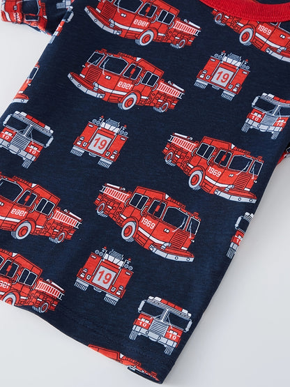 2pcs Boys' Fire Truck Cartoon Print Pajama Set, Kids Summer Short Sleeve T-Shirt And Shorts Sleepwear, Comfortable Casual Party Loungewear Suit