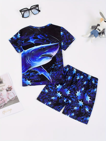 2 Pcs Boys Cute Pajama Sets, 3D Digital Shark Print Short Sleeve T-Shirts & Shorts, Comfortable & Skin-friendly Style Pajamas For Boys Cozy Loungewear