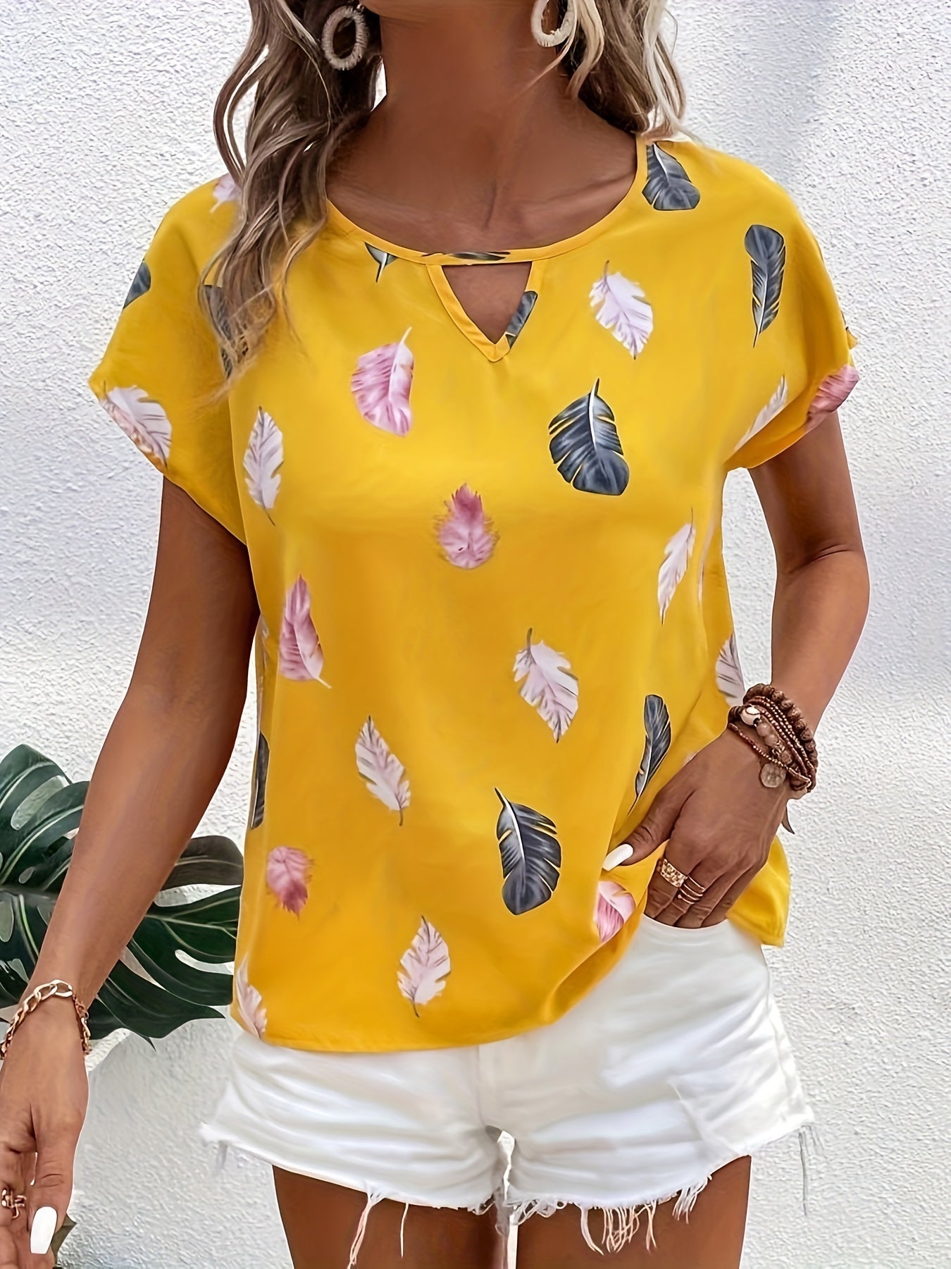 Feather Print Keyhole Blouse, Casual Crew Neck Short Sleeve Blouse For Spring & Summer, Women's Clothing