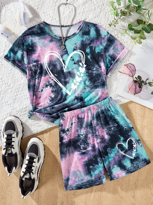 Tie Dye Pattern 2pcs Girls Short Sleeve T-shirt + Shorts Set Summer Gft