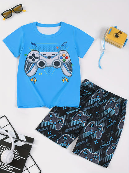 Boys 2-piece Pajama Set Cartoon Gamepad Print Crew Neck Short Sleeve T-shirt + Full Print Matching Shorts Comfy Loungewear